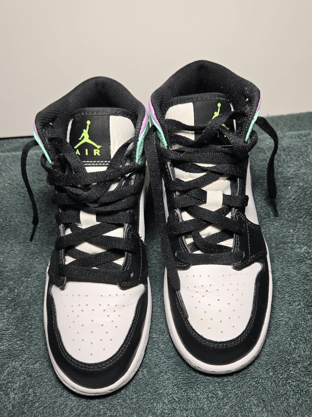 Jordan Kids Black and White Sneakers with Mint and Pink Accents
